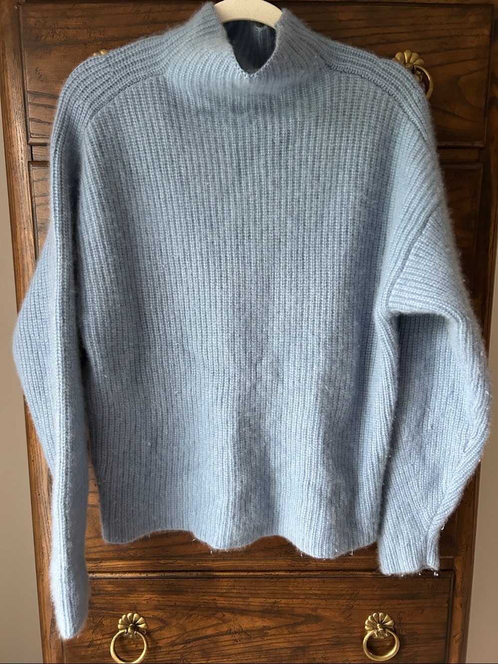 Ann Taylor 100% Cashmere Sky Blue Ribbed Funnel Neck Sweater, Size L